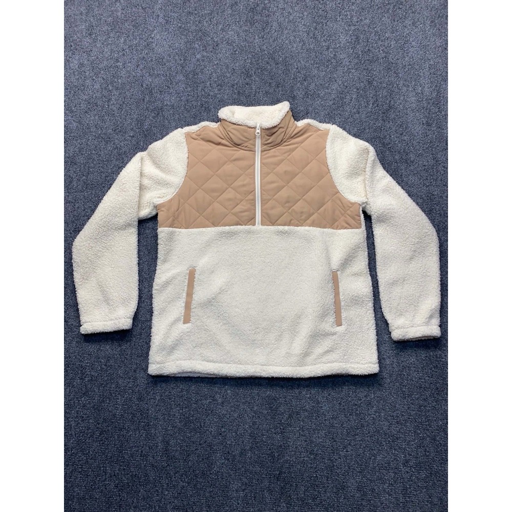 St Johns Bay Quilted Sherpa Fleece Half Zip Pullover Ivory Camel Beige Zip Sz M